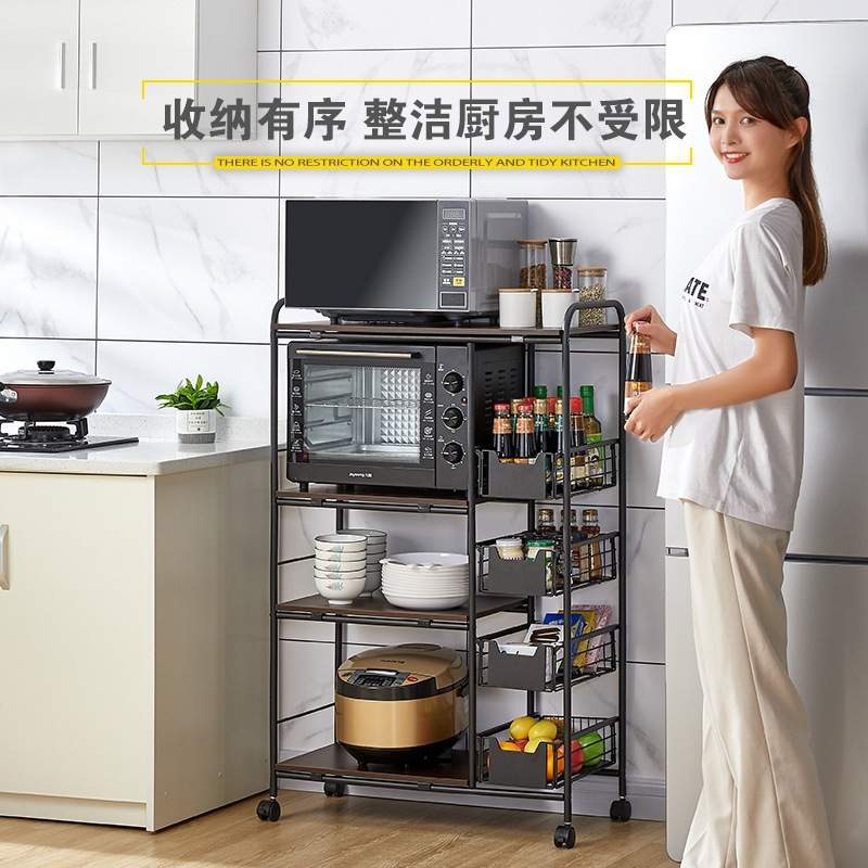 厨房置物架微波炉烤箱收纳架家用带抽屉调料带轮手推车调味瓶储物