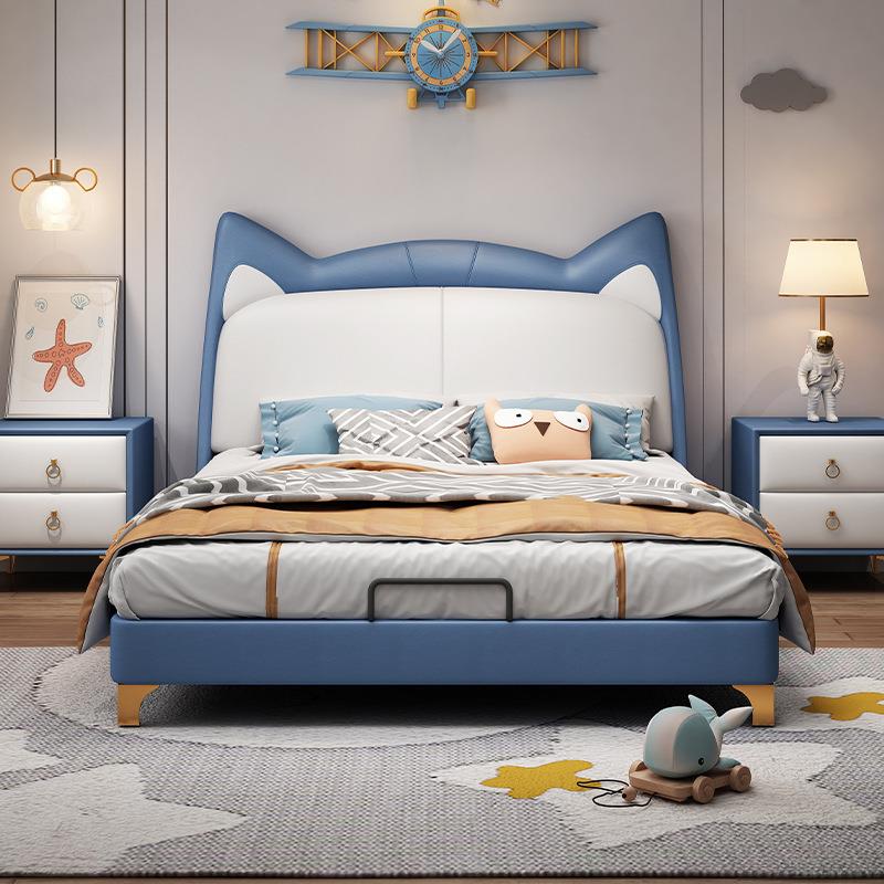 儿童床轻奢男女孩单人床青少年蓝色现代简约真皮床网红卡通公主床