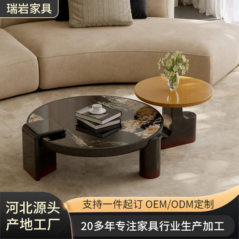 意式岩板茶几简约设计圆桌家用拼接式餐桌储物桌圆形渐变烤漆茶几