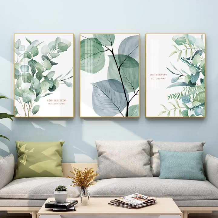 北欧风格客厅小清新绿色植物挂画现代简约树叶叶子背景墙面装饰画图片