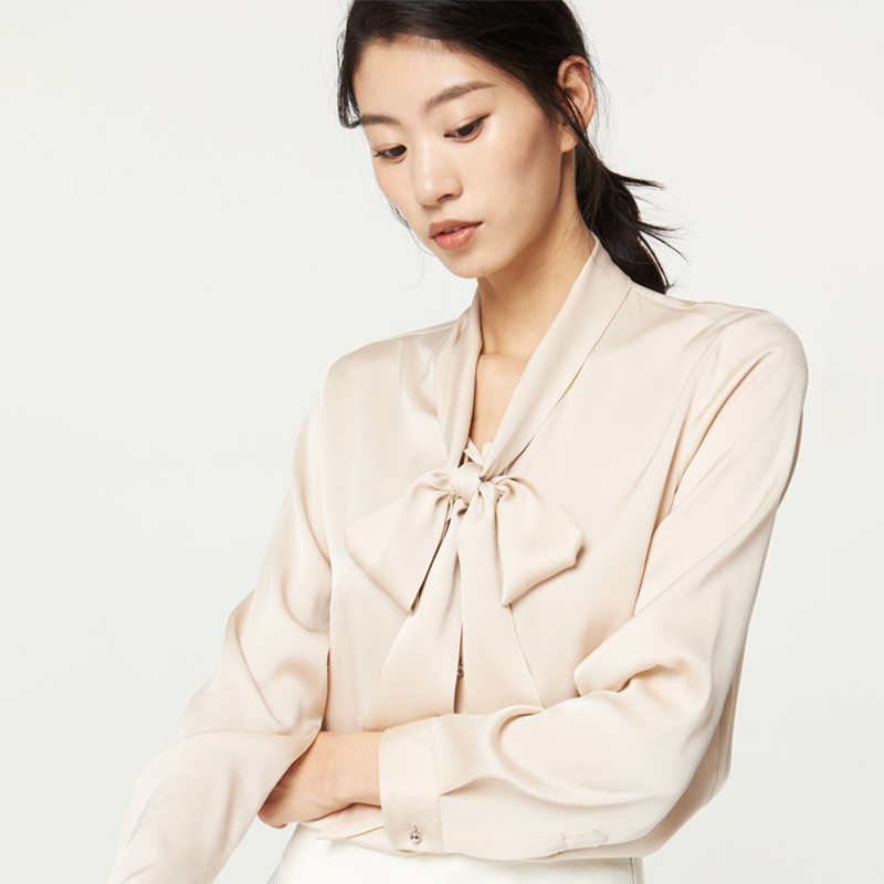 春款桑蚕丝飘带衬衫女款长袖真丝衬衫