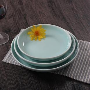 龙泉青瓷素面餐具深盘家用8英寸盘子陶瓷纯色汤盘炒菜盘早餐碟子