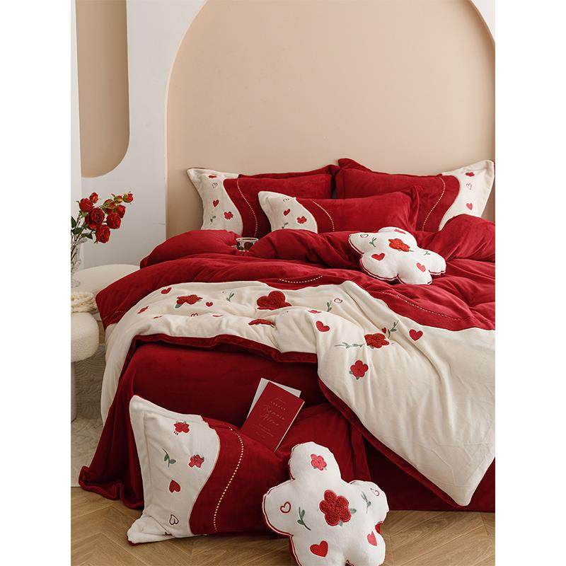 冬季保暖牛奶绒婚庆四件套加厚红色珊瑚毛绒结婚被套床单床上用品
