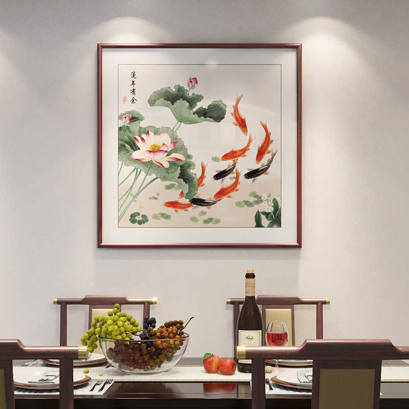 荷花九鱼图新中式餐厅装饰画客厅玄关挂画聚财鲤鱼图手绘油画方形图片