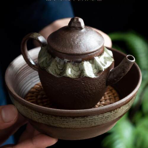 陶瓷清水柴烧茶壶家用窑变陶瓷泡茶具手工日式蓄水壶承套装思亭壶