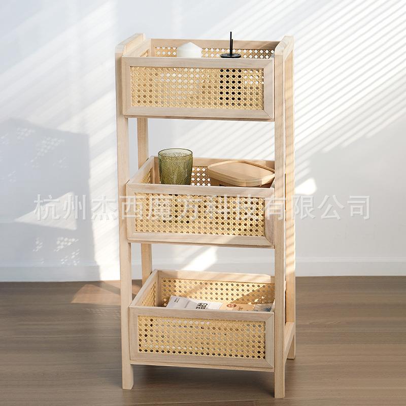 自然风格三层置物架实木仿藤条收纳架沙发边收纳杂物收纳筐
