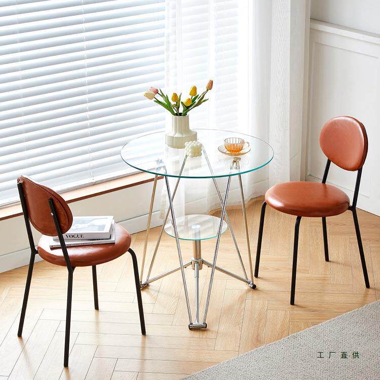 休闲茶985阳台钢化玻璃桌圆形餐桌谈桌桌洽圆桌面中古小风复古桌