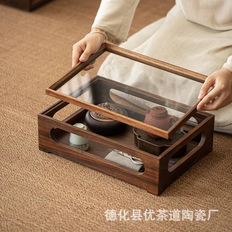 胡桃木开窗茶具收纳柜创意透明玻璃柜家用木制茶柜展示盒中式