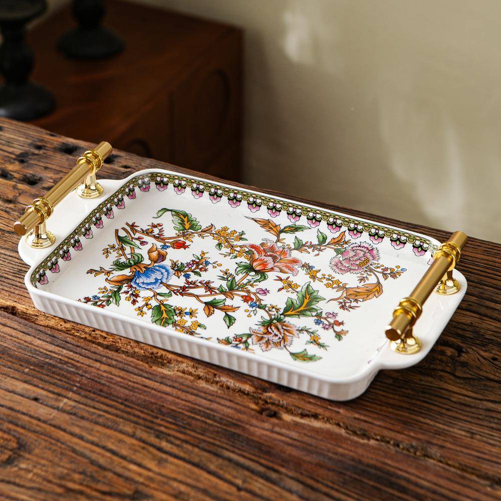 陶瓷美托具盘茶盘欧式茶托盘家用复古G009把手长方形摆盘式收纳盘
