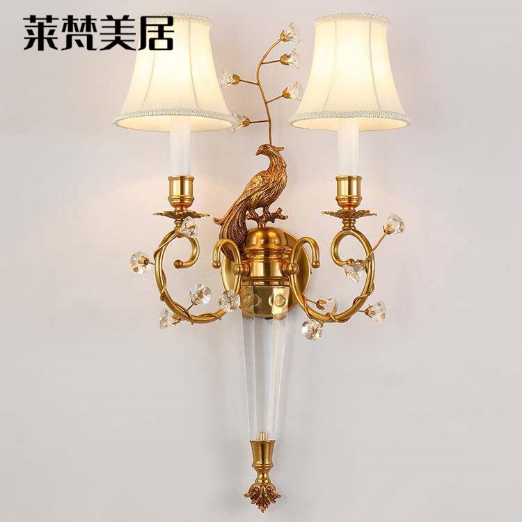 莱梵美居欧式全铜水晶壁灯法式奢华别墅客厅过道卧室床头创意孔雀