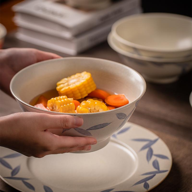 绘缮手绘青花盘竹叶金莳复古大号哑光面碗家用菜陶瓷F78SJMMT沙拉