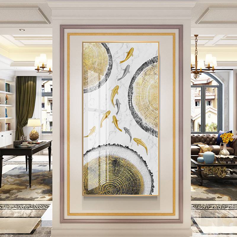 九鱼图玄关装饰画现代轻奢竖版大气挂画入户墙上墙画过道走廊样板图片