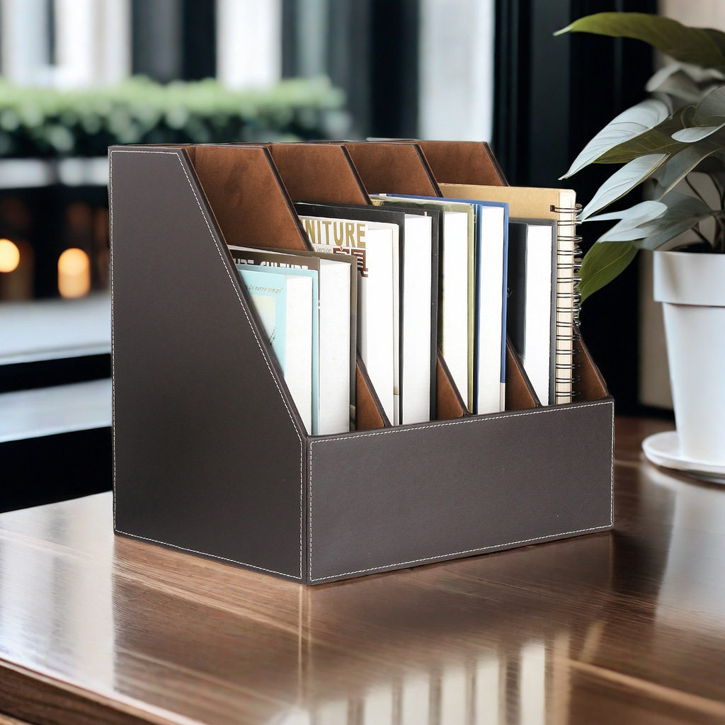 皮革办公用品文件座桌面资料收纳框四联文件架创意a4文件筐杂志架