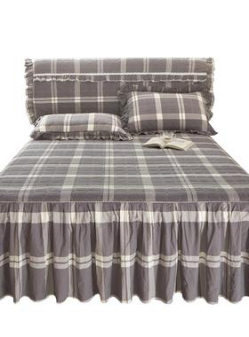 2新款全裙棉水洗棉格F77J7HJS子夹棉床裙单纯棉加厚床罩件套F带边