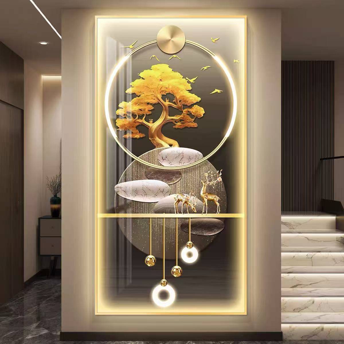 轻奢发财树入户玄关装饰画走廊尽头挂画进门正对墙带灯led灯壁画图片