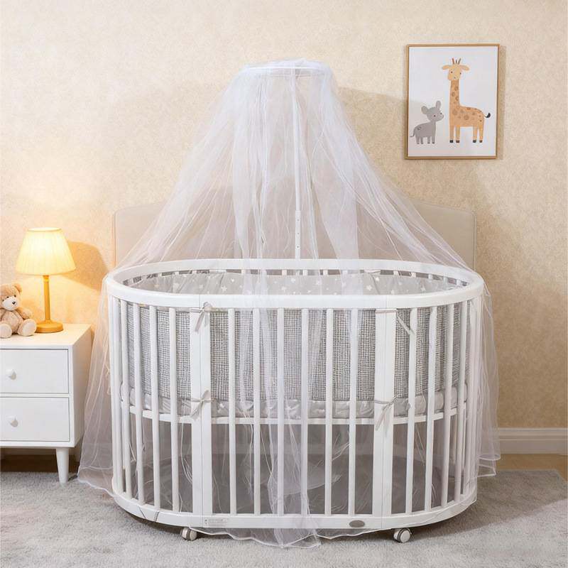 白色椭圆婴儿床实木环保漆宝宝床摇篮多功能可拼接大床静音万向轮