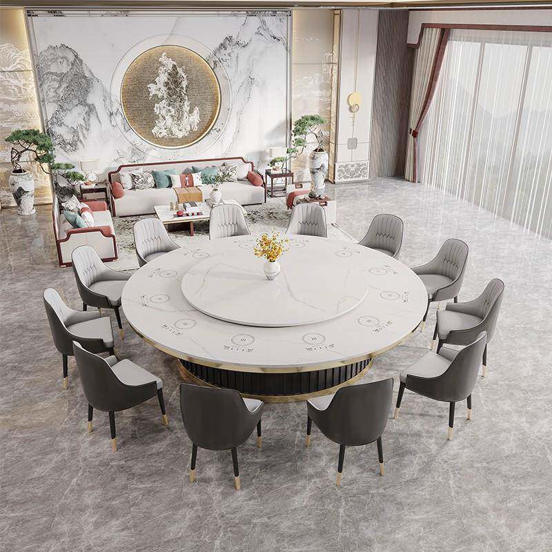 酒店饭店-电带动餐桌椅实木大新中式轻奢自动转盘8岩板1人包厢圆