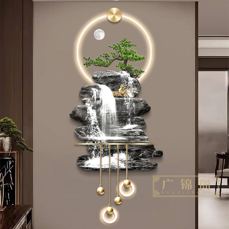 迎客松玄关装饰画轻奢立体高档LED壁灯高山流水入户走廊过道挂画