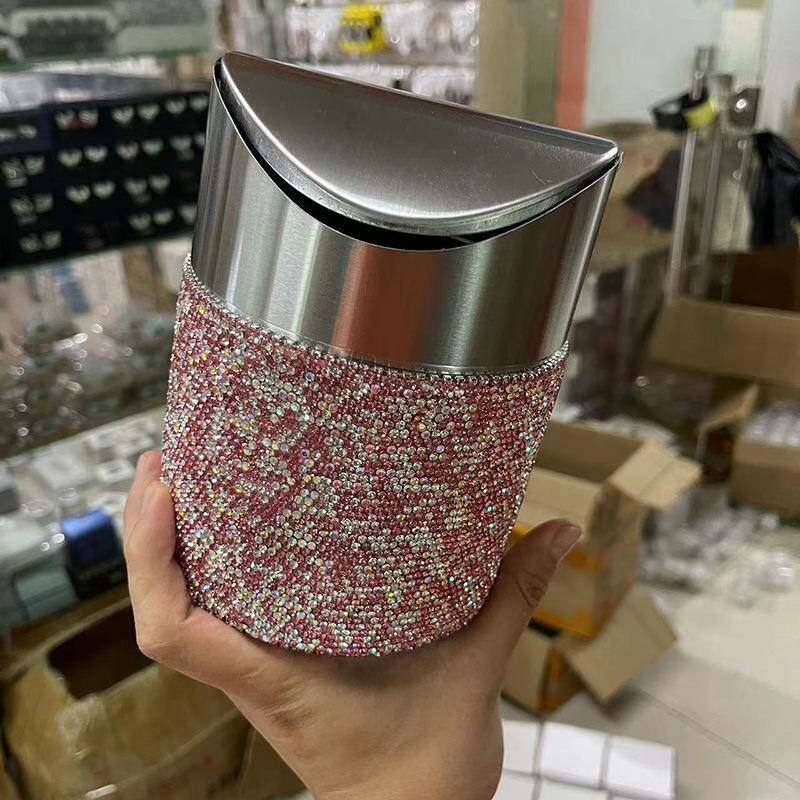 不意锈钢桌面垃圾桶翻盖办公载迷你小车彩色烟筒灰缸时尚不锈钢垃