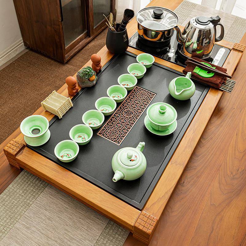 实木茶盘茶具套装底部上水烧水壶一体家用办公功夫泡茶壶石面茶台