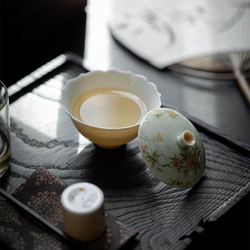 明知志山花口盖碗手绘桂文人器无品牌/家用陶瓷泡茶碗杏花黄仿古