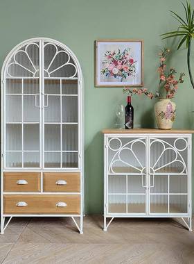 法关8680复古实木餐边柜奶油风餐铁艺储式物厅组合柜客厅入户白色