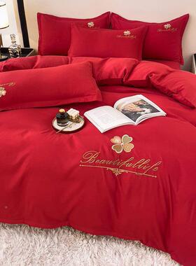 刺绣四套件婚庆大红色花被厂家直供套结婚房双人床单被罩直四季通