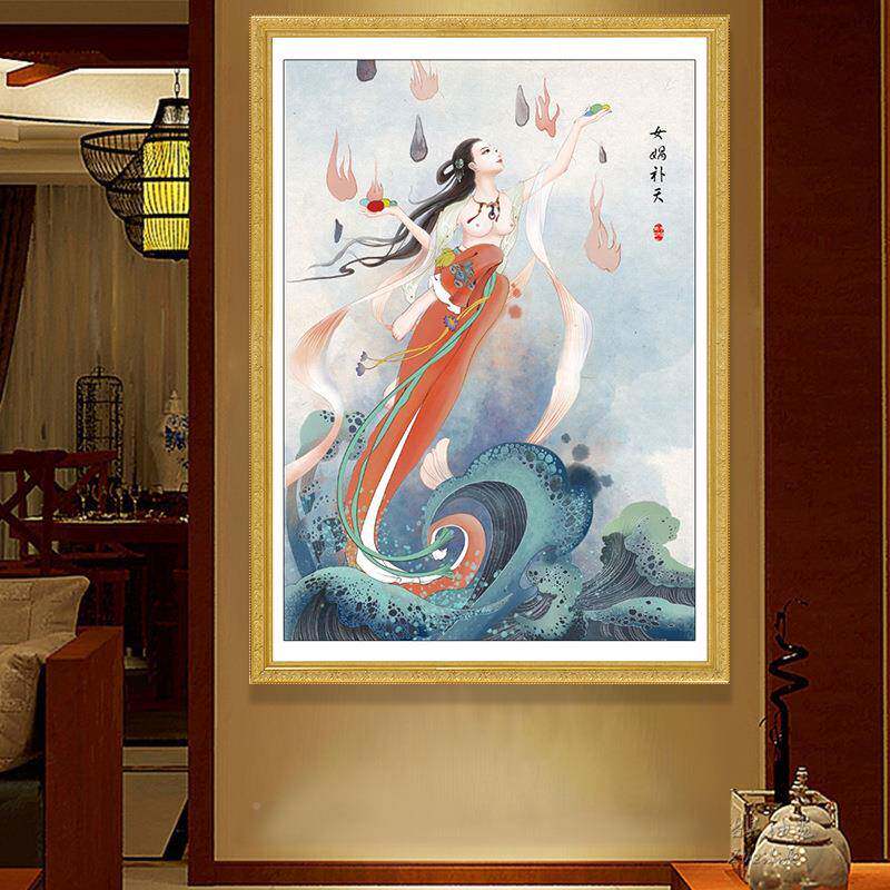 钻石国画满钻新款版玄关中神传话说女娲补竖天点tb_59833贴钻钻石