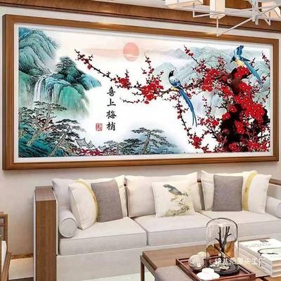 l5442l纯手鹊工十字绣成品喜上梢喜梅画花新中式客厅装饰眉挂绣好