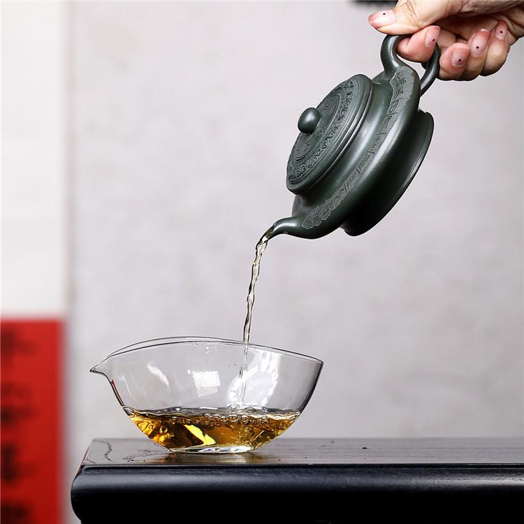 宜兴紫壶绘原矿绿泥00932刻砂虚茶扁家用紫砂茶壶具