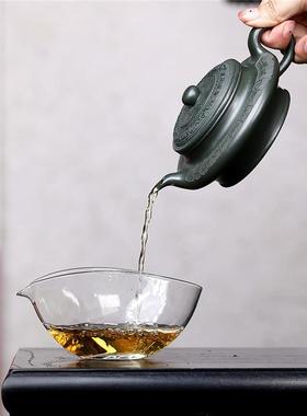 宜兴紫壶绘原矿绿泥00932刻砂虚茶扁家用紫砂茶壶具