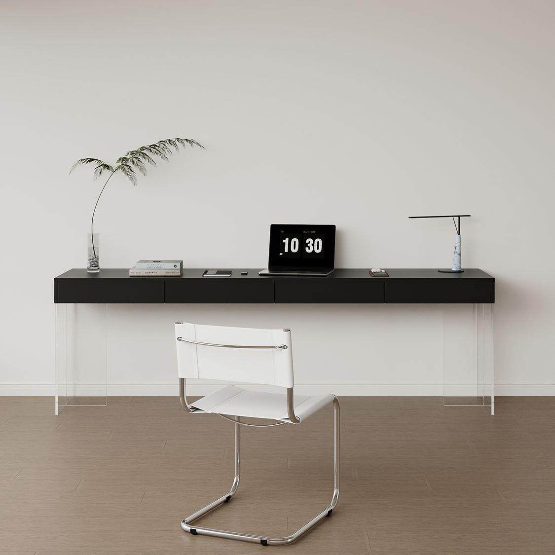 现代简约悬浮亚克力透明实木家用书桌办公电脑桌家用带抽屉长条桌