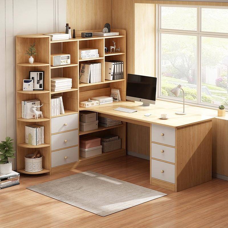 北欧风家用电脑桌桌柜一体学生书架书桌转角带抽屉简约现代办公桌