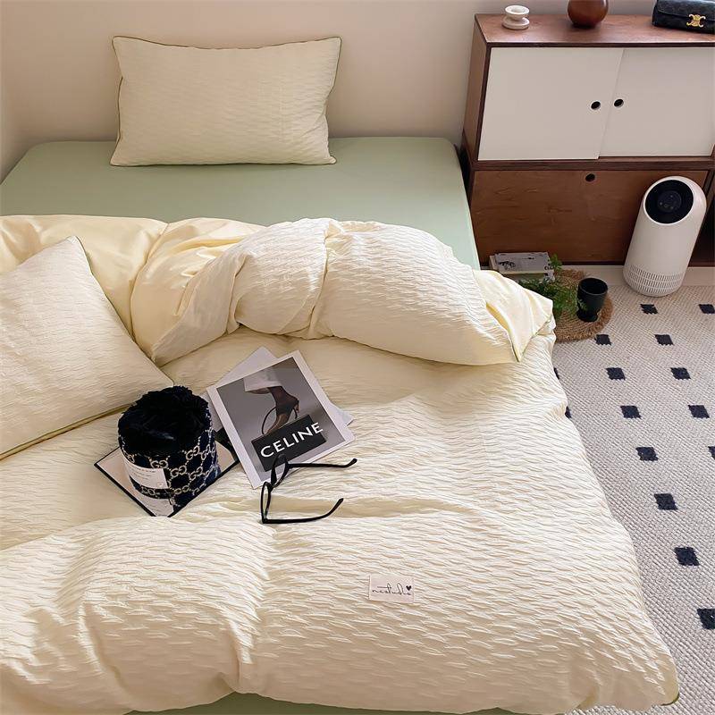 日式简约素色高密浮雕大提花全棉水洗棉四件套凹凸几何花纹单双人