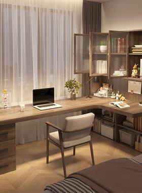 严选电脑桌转角工作台原木办公桌L型双人学习桌实木书桌书柜一体