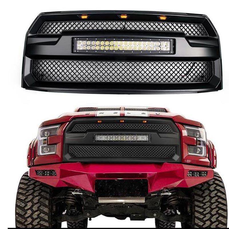 适用15-17福特F150改装带LED灯中网网格款金属前中网格栅防虫网