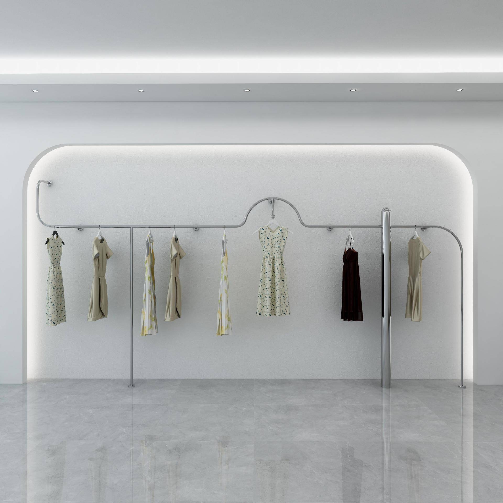 服装店展示架不锈钢上墙陈列架女装店货架正挂异形银色衣服挂衣架