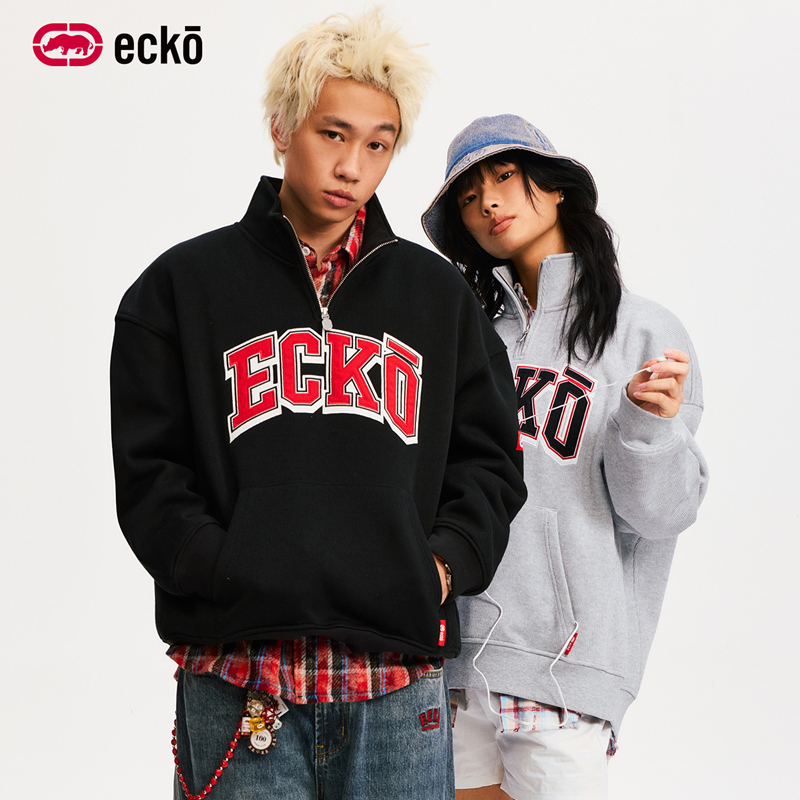 ecko红犀牛半拉链加绒刺绣卫衣