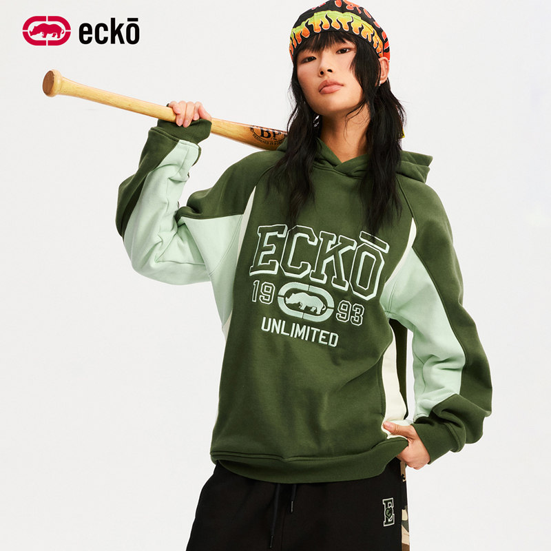 ecko红犀牛  撞色拼接重磅加绒加厚连帽刺绣卫衣2025冬季新款外套