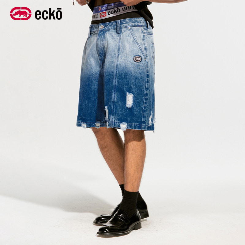 ecko红犀牛  复古做旧渐变破洞五分牛仔短裤2026夏季新款情侣裤子