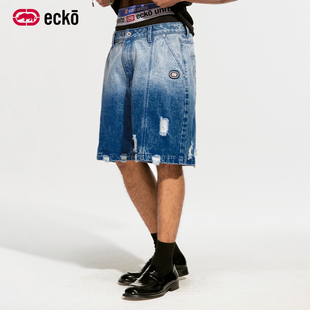 情侣裤 ecko红犀牛 新款 2026夏季 子 复古做旧渐变破洞五分牛仔短裤