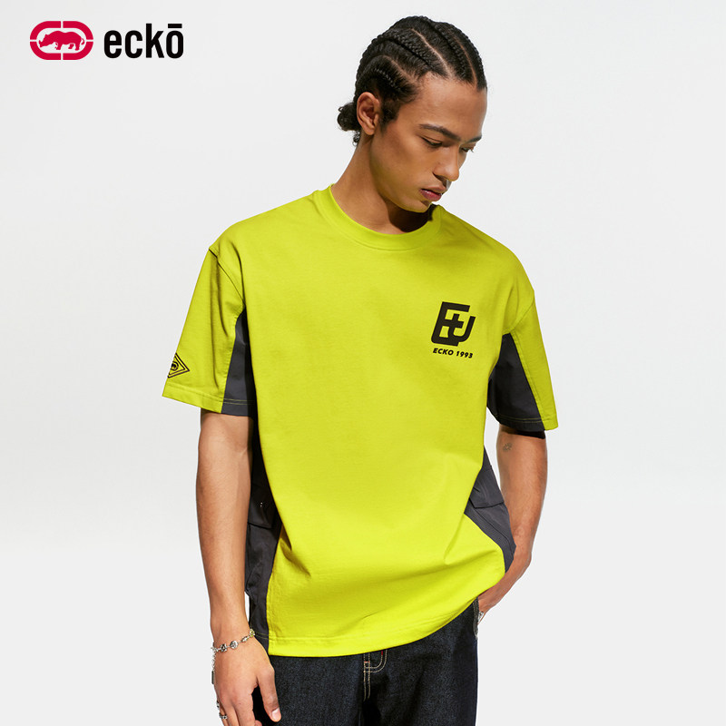 ecko红犀牛 撞色拼接机能风运动短袖t恤衫男女款2026夏季新款上衣