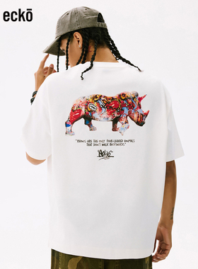 ecko红犀牛 涂鸦男士白色短袖t恤2025新款夏季青少年黑色圆领上衣