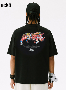 ecko红犀牛 涂鸦男士潮流短袖t恤2025新款夏季青少年黑色圆领上衣