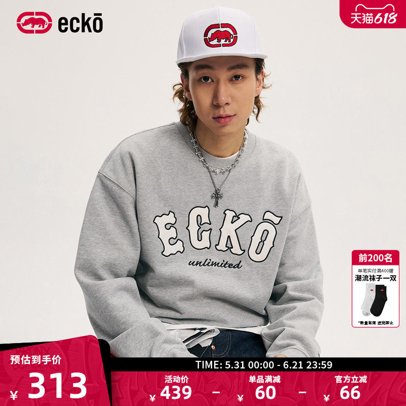 ecko红犀牛  贴布刺绣圆领套头重磅卫衣男女2025秋季新款情侣上衣