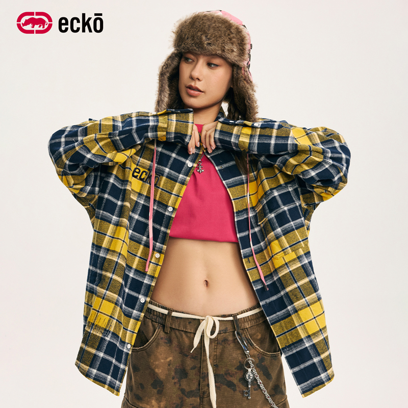 ecko红犀牛美式复古黄色格子衬衫