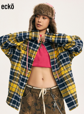 ecko红犀牛  美式复古黄色格子长袖衬衫男女2025秋季新款衬衣外套