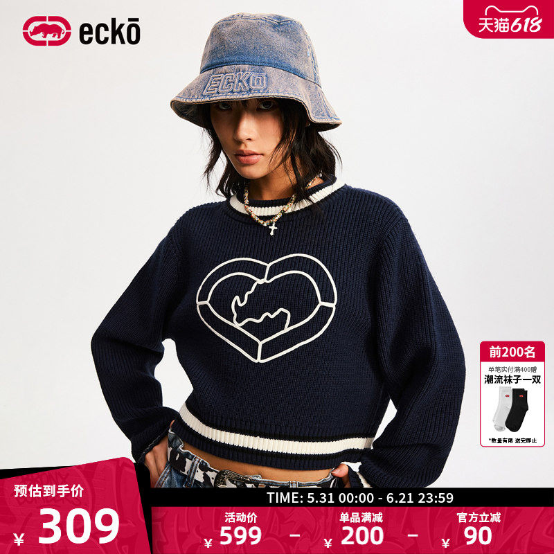 ecko红犀牛  圆领刺绣短款保暖毛衣女2025冬季新款厚款长袖针织衫