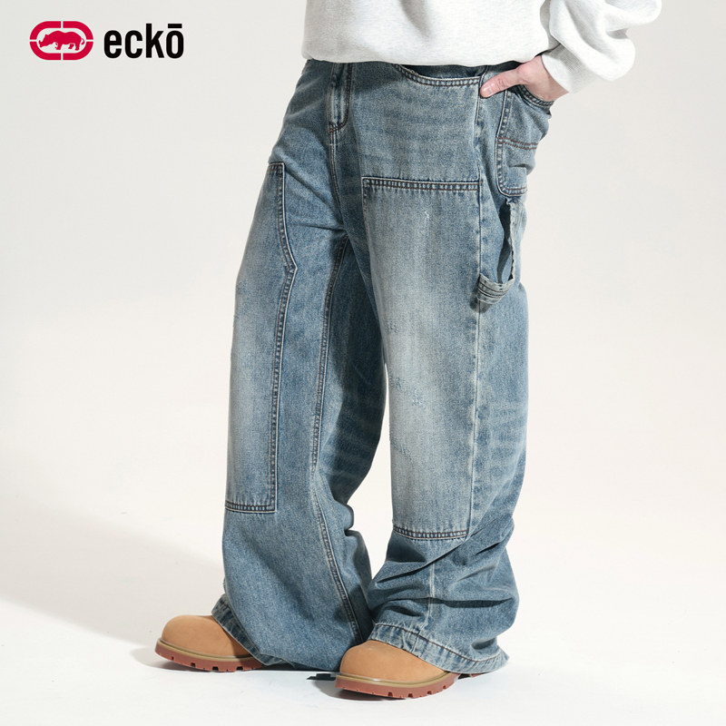 ecko红犀牛  美式复古水洗做旧拼接阔腿牛仔裤男2025冬季新款长裤,男装,牛仔裤,淘宝优惠券,粉丝福利购,淘宝优惠卷