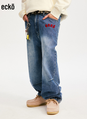 ecko红犀牛  刺绣宽松阔腿直筒裤复古蓝色牛仔裤2025冬季新款长裤